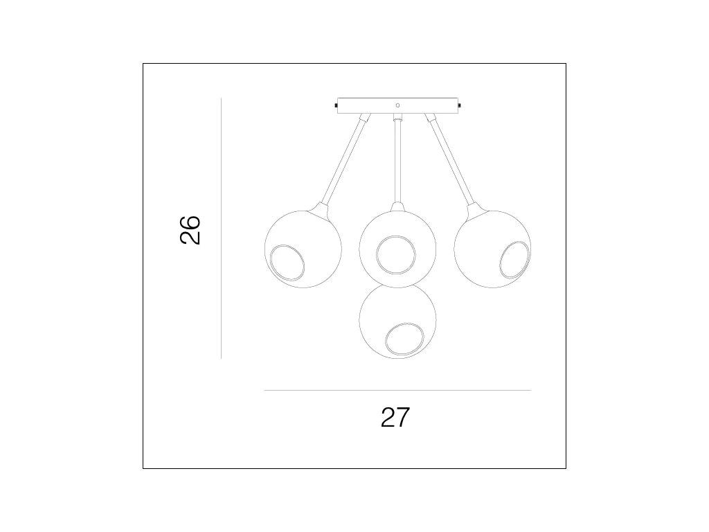 Ballroom Molecule Chandelier dimension drawing of the ceiling mount and arms, 26 x 27