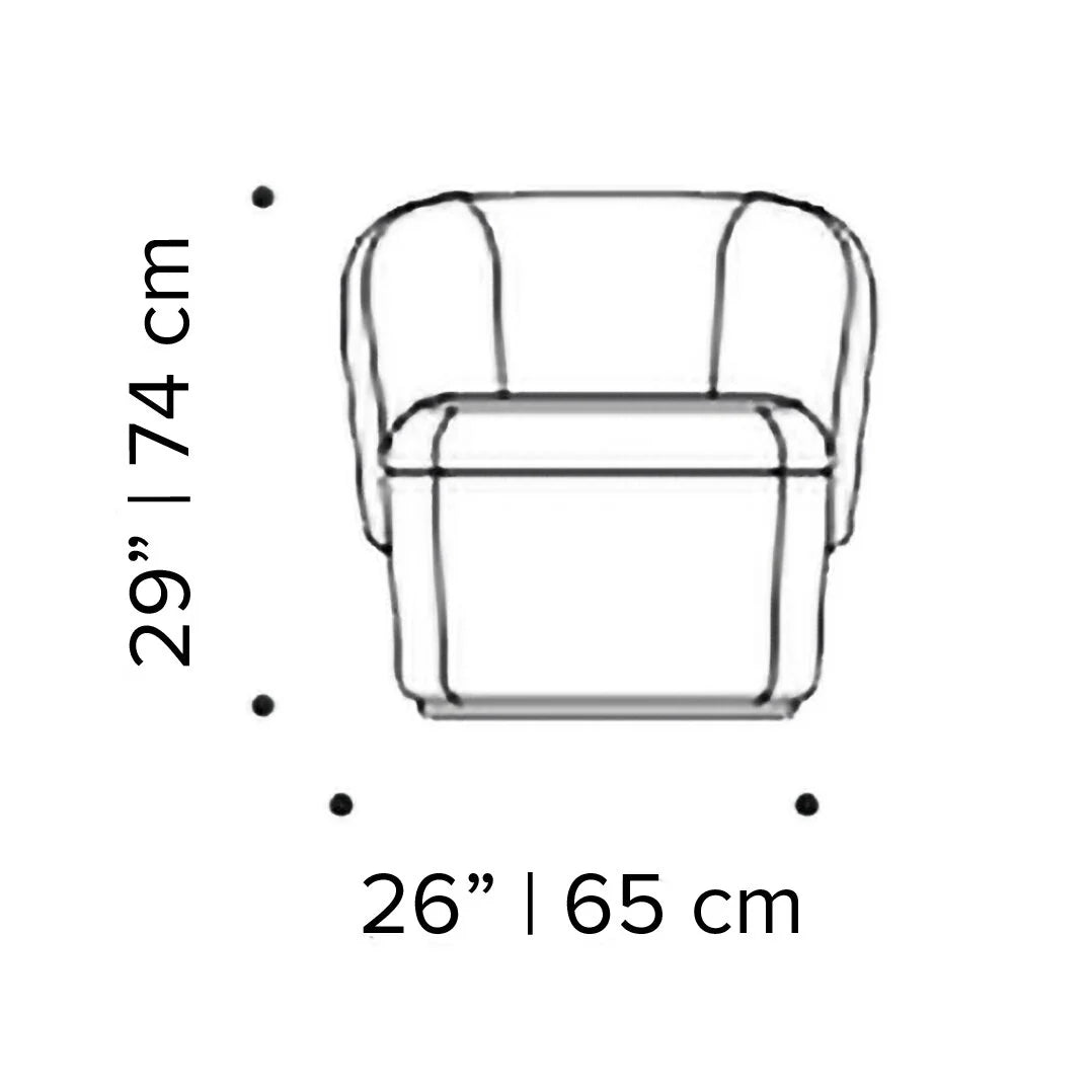 Bisou Armchair dimension drawing: 26 in / 65 cm wide, 29 in / 74 cm high
