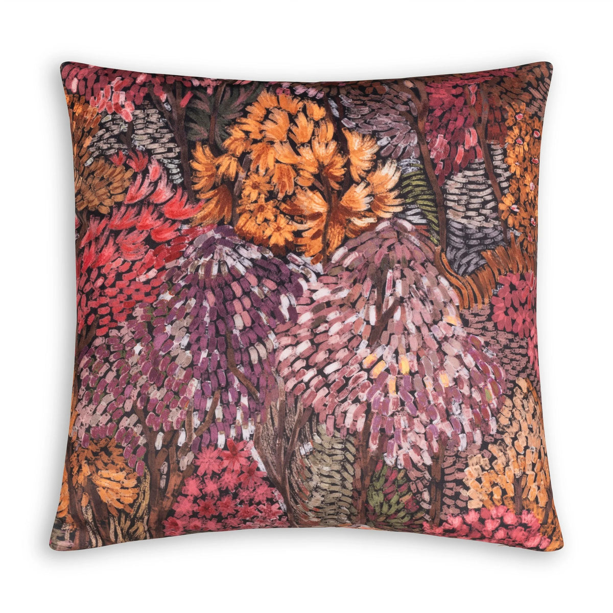 Calabria Multi Velvet Pillow with painterly pink, orange and purple foliage, front view