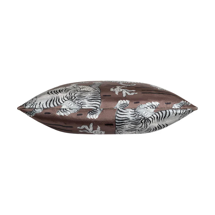 Castle Hill Bali Brown Tiger Pillow, brown with white tiger print, side profile