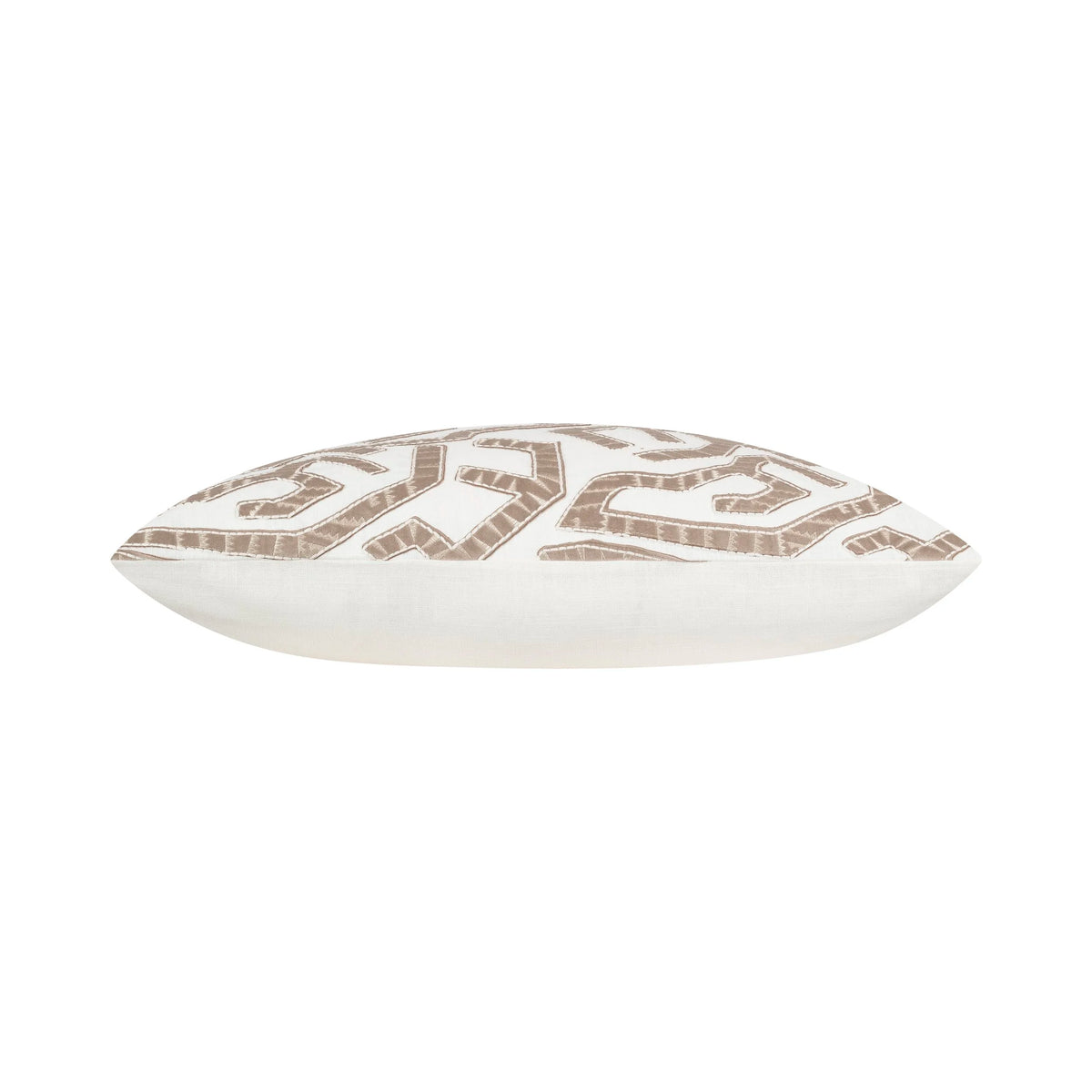 Salvador Pillow in Natural, side profile of the taupe embroidery