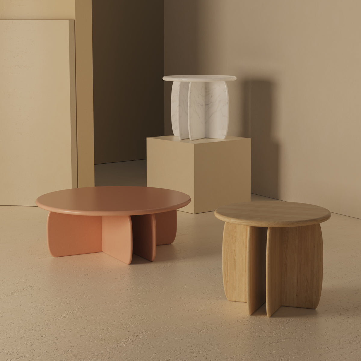 Catus Marble Coffee Table in pink and natural oak finishes with a white marble side table