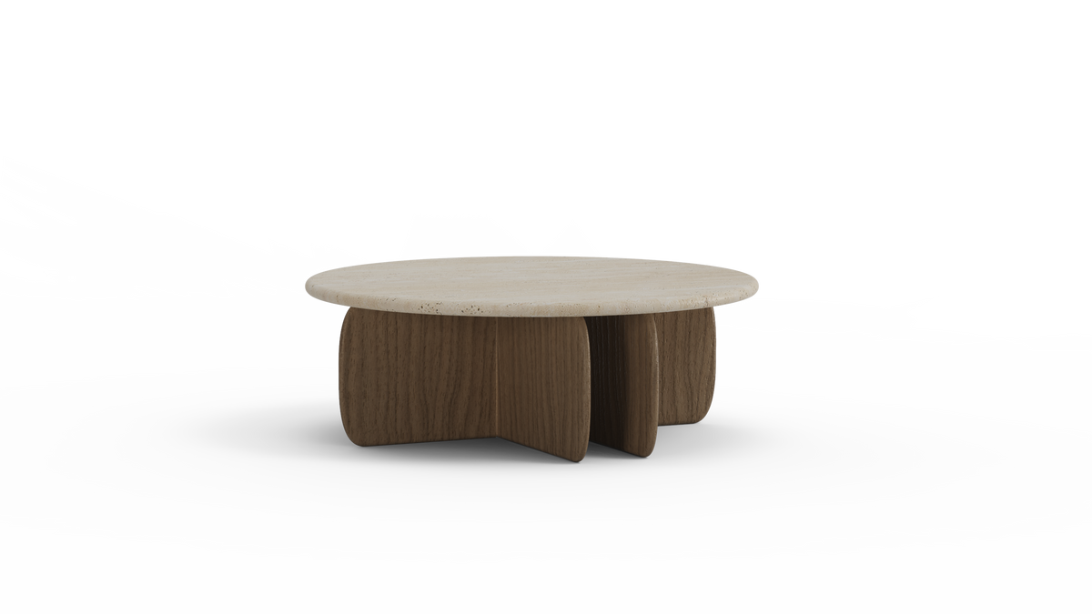 Catus Marble Coffee Table with travertine top and Natural Walnut base, three-quarter view