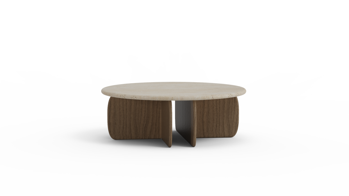 Catus Marble Coffee Table with travertine top and Natural Walnut base, front view