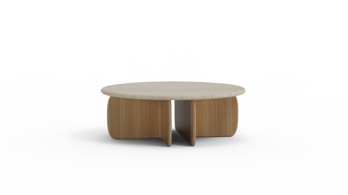 Catus Marble Coffee Table with travertine top and Natural Oak base, front view