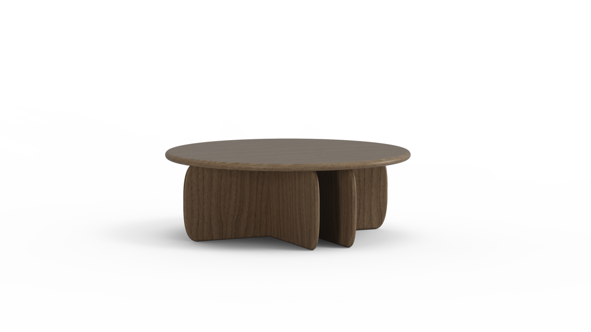 Catus Wood Coffee Table in a darker walnut-tone finish, low front view