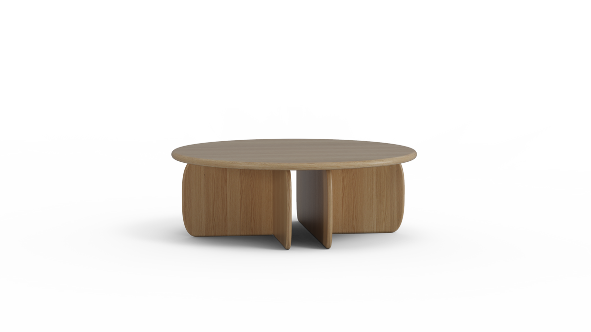 Catus Wood Coffee Table in natural oak, slightly rotated view of curved legs