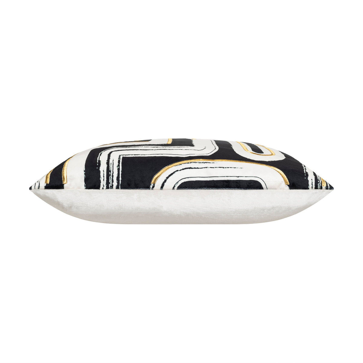 Demi Abstract Pillow, side profile of the black, ivory and gold abstract front
