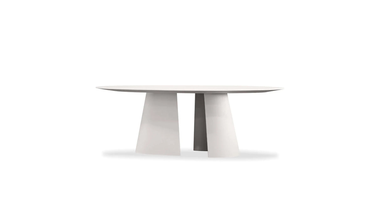 Tumuli Oval Dining Table in white, side view on a white background