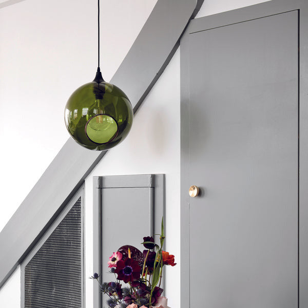 Ballroom XL Army Green Pendant Light hanging in a grey stairwell