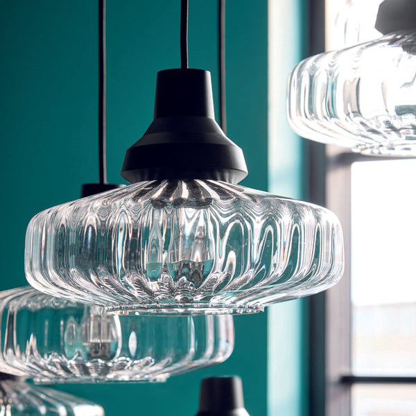 New Wave Optic Pendant Light Clear close-up of the ribbed clear glass