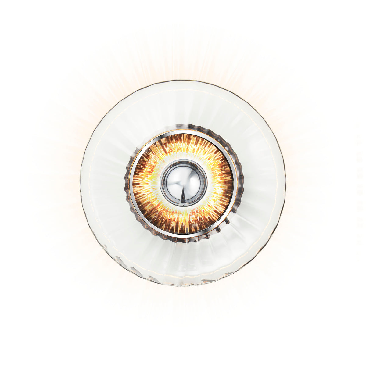 New Wave Optic Wall Light Sconce - Clear lit, front view with silver eyeball bulb