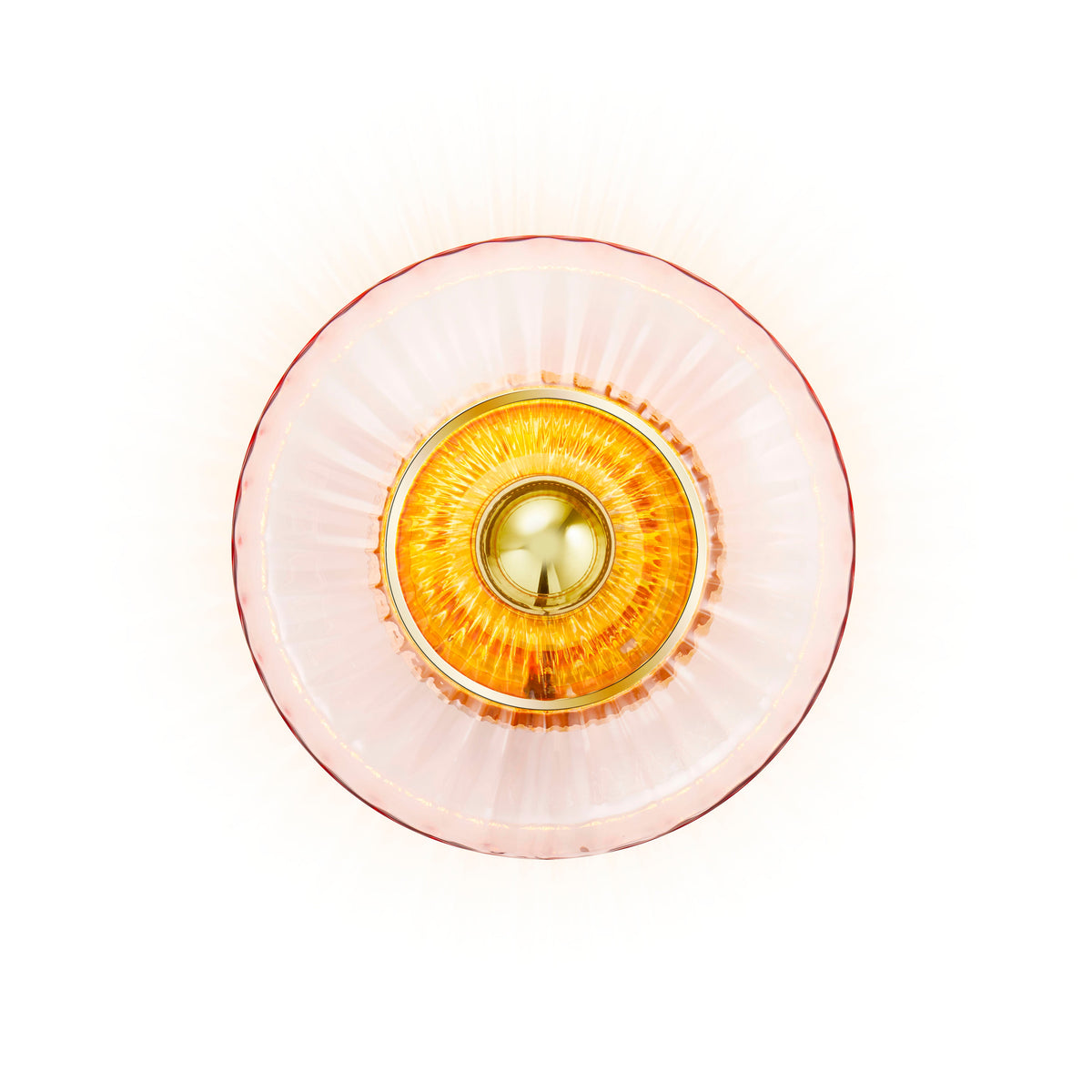 New Wave Optic Wall Light Sconce - Rose, lit front view of the pink ribbed glass