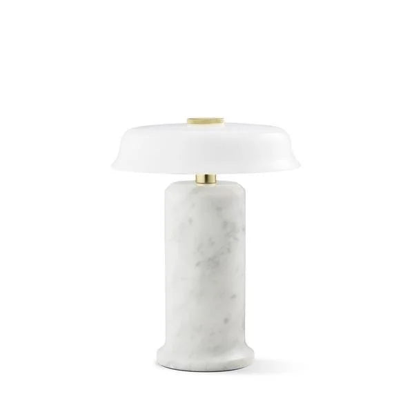 Trip 2 Table Lamp in Carrara / Opal, white marble base with white opal shade and brass knob