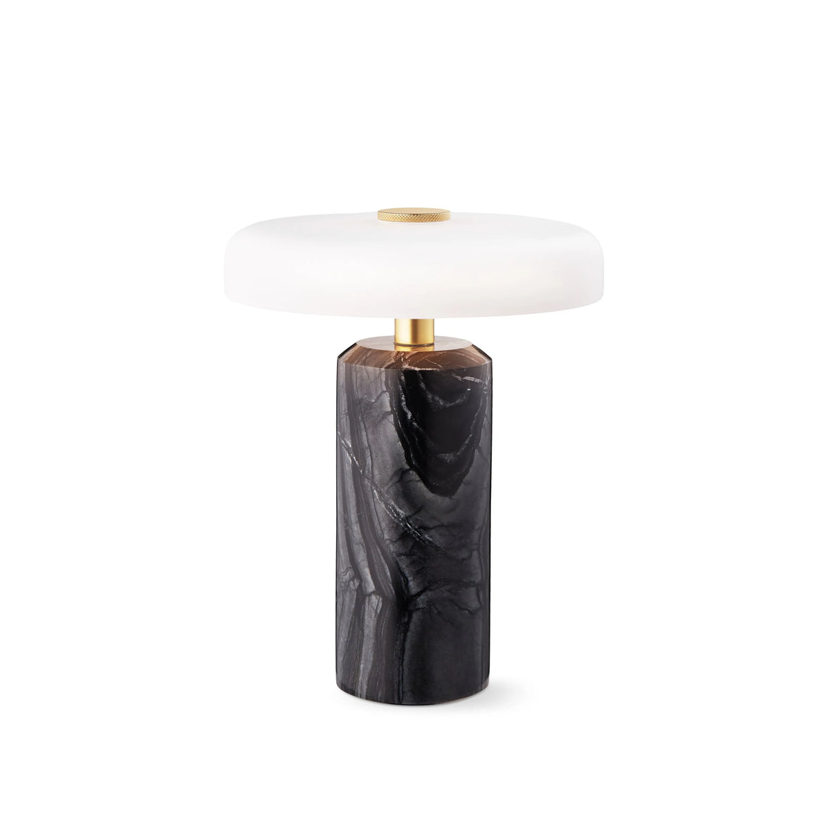 Trip Table Lamp in Charcoal marble with Opal glass shade, lit, front view