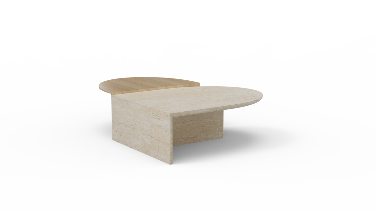 Duplex Coffee Table in Travertine with light Natural Wood half, three-quarter view
