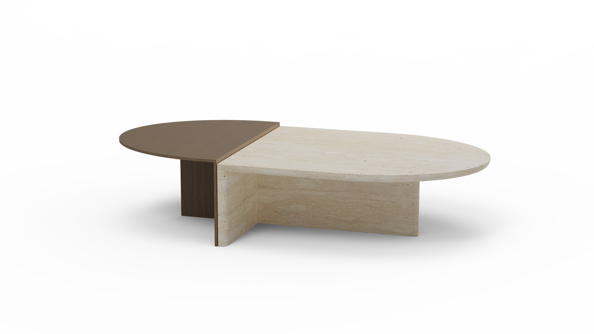 Duplex Coffee Table in Travertine with walnut-tone half, front view