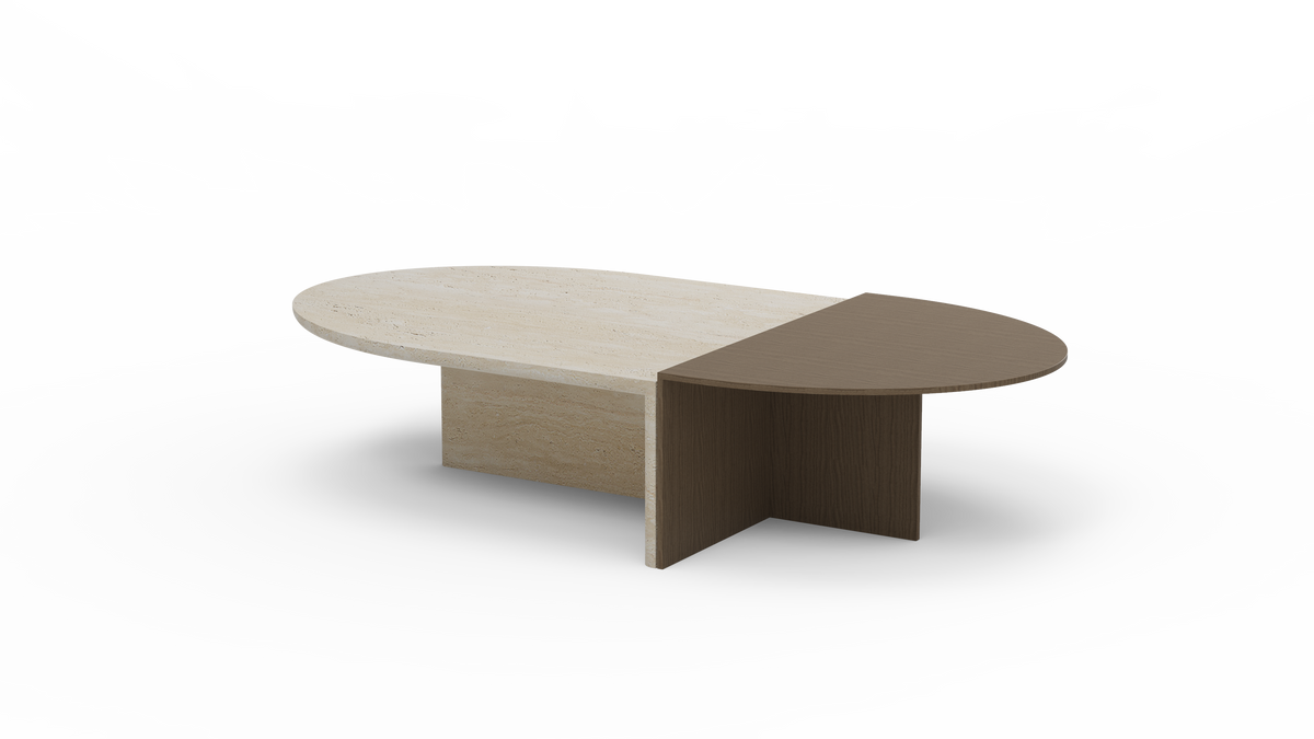 Duplex Coffee Table in Travertine with walnut-tone small top and base