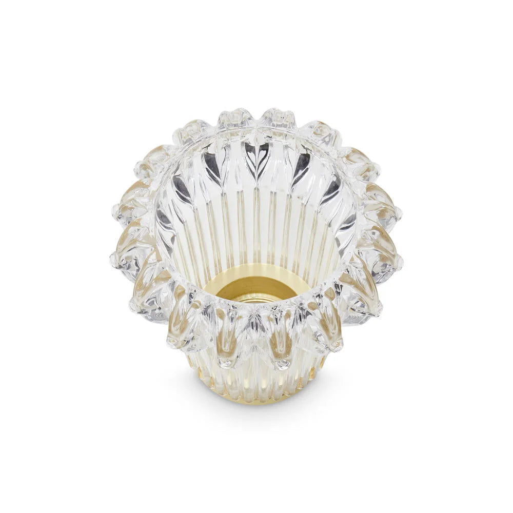 New Wave Eyeball with Gold base, top three-quarter view of the fluted glass rim
