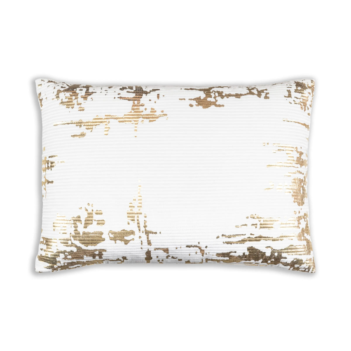 Asra White and Gold Pillow in white with distressed gold foil, front view