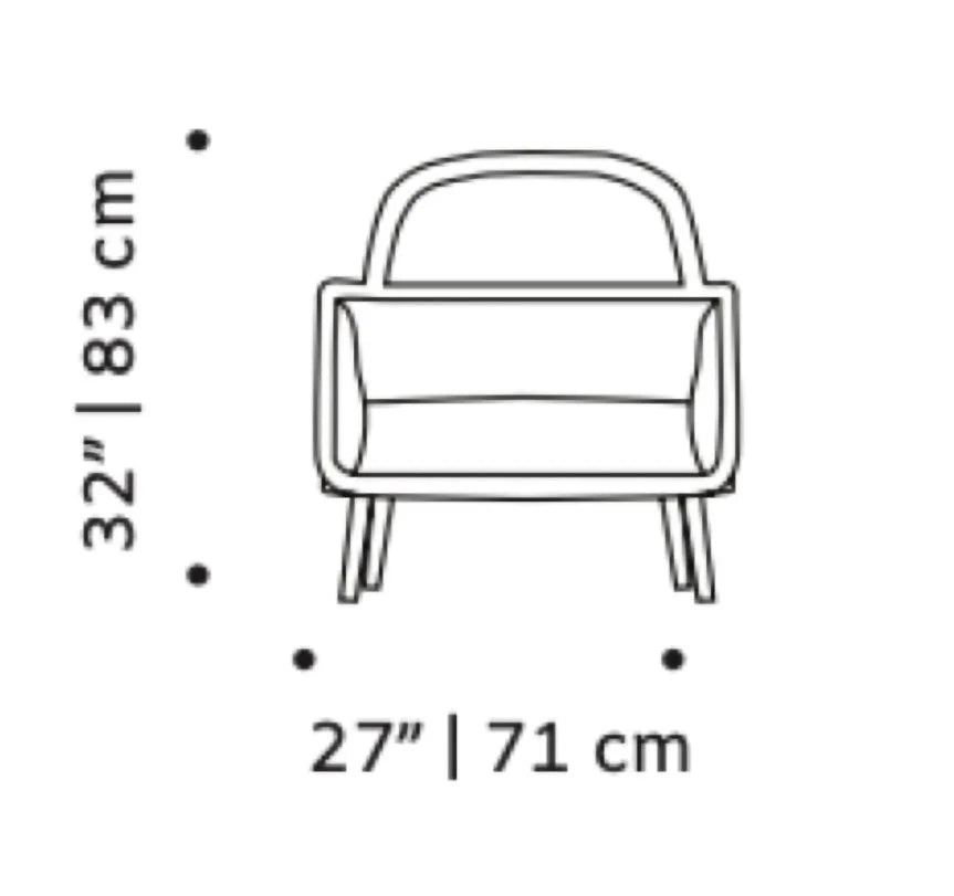 Luc Armchair dimension drawing: 32" (83 cm) high, 27" (71 cm) wide