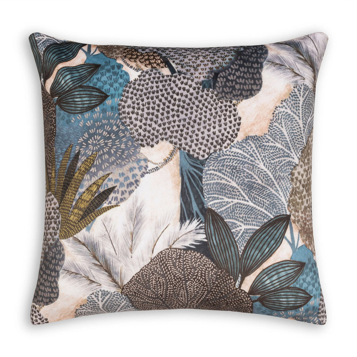 Galera Botanical Breeze Pillow with blue and taupe botanical print, front view