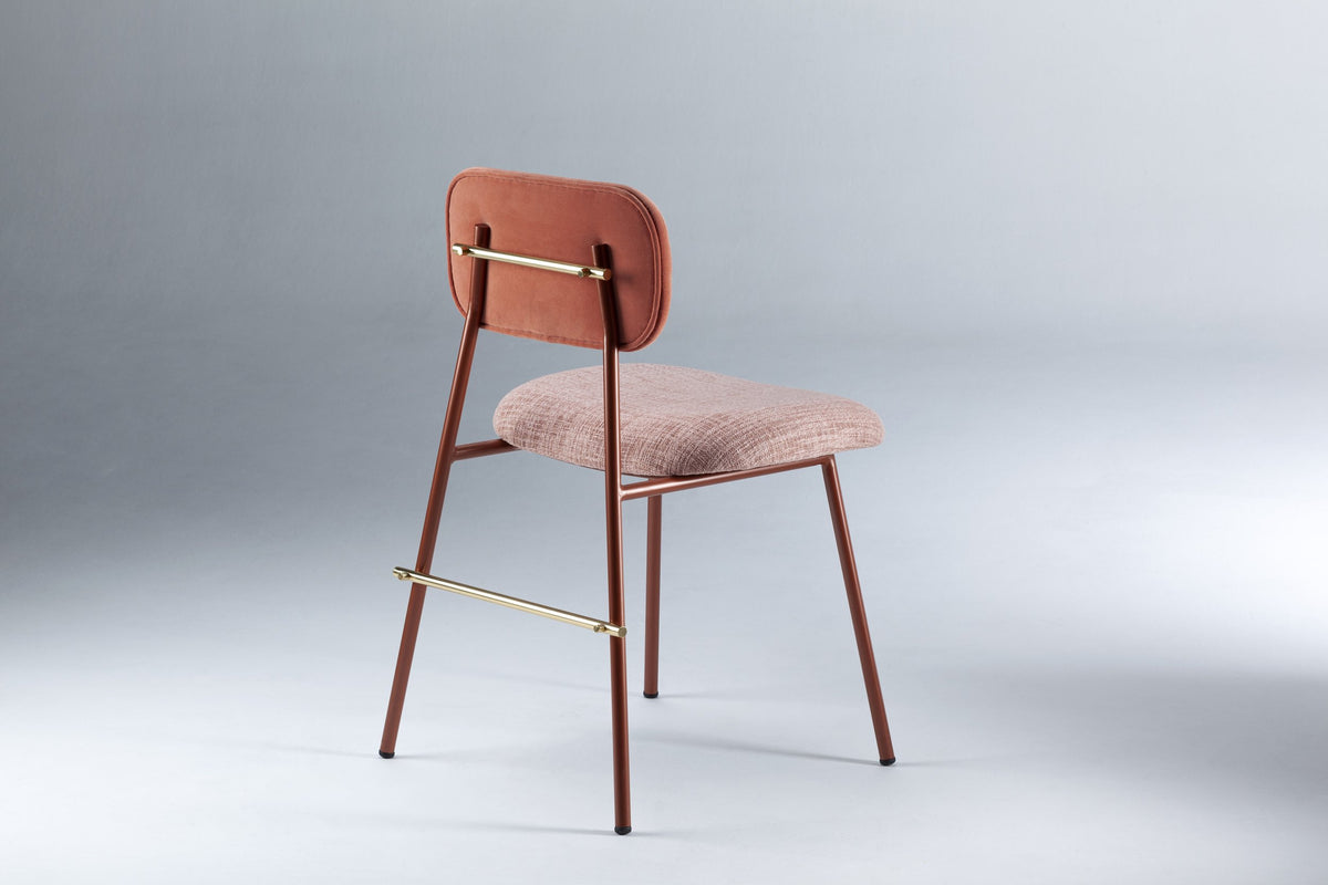 Miami Dining Chair with coral velvet back and pink woven seat, three-quarter view