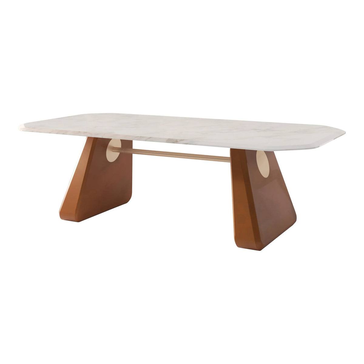 Inge Marble Dining Table with white marble top and cognac leather-clad legs, three-quarter view
