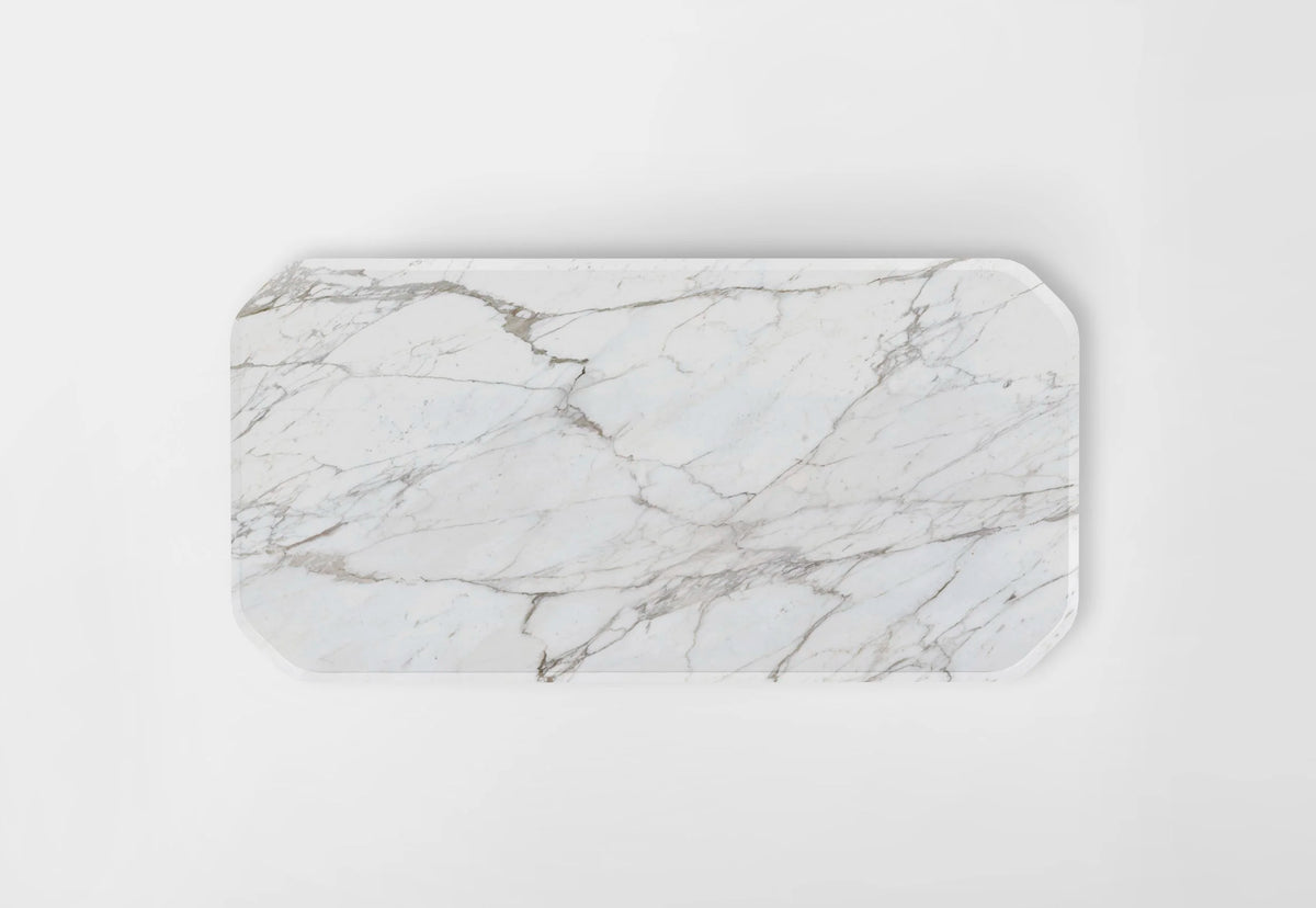Inge Marble Dining Table top view of the veined white marble tabletop