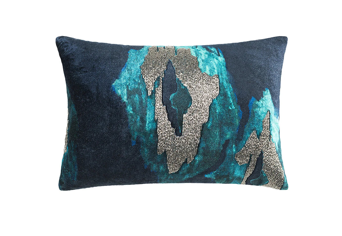 Jade Lumbar Pillow in navy velvet with teal and silver beaded abstract motif