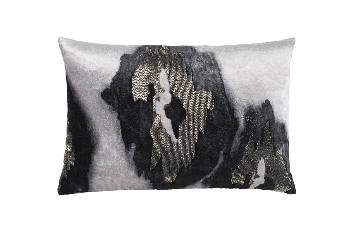 Jade Lumbar Pillow in Grey velvet with charcoal and silver beaded motif