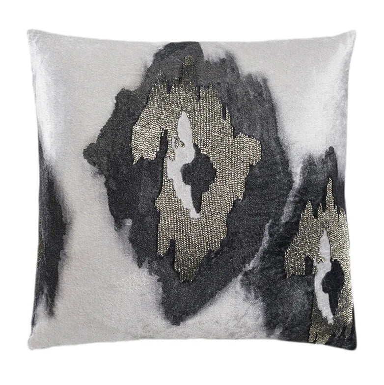 Jade Pillow in Grey velvet, square, with charcoal ink-wash pattern and silver beading