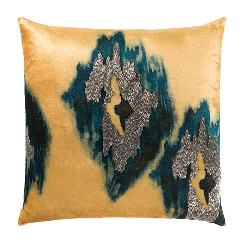 Jade Pillow in Yellow velvet with teal and silver beaded abstract pattern, square