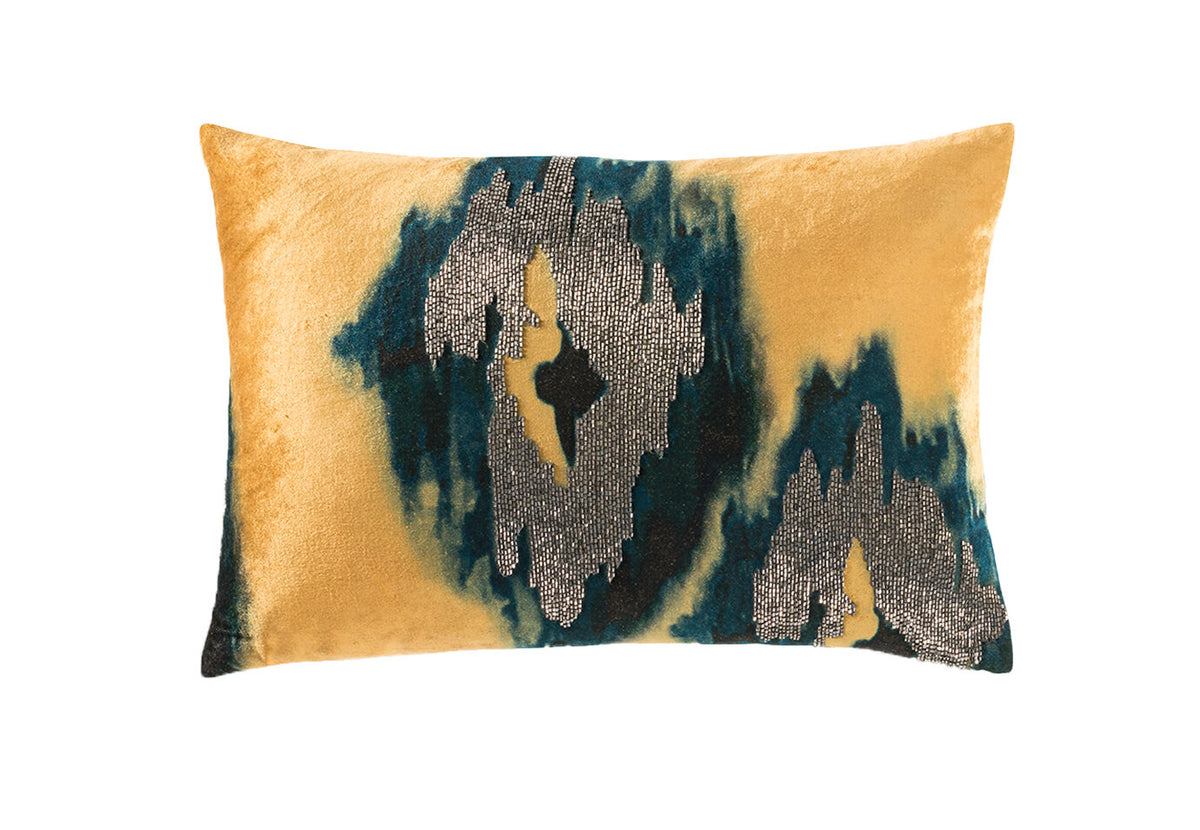 Jade Lumbar Pillow in Yellow, rectangular, with beaded teal abstract design