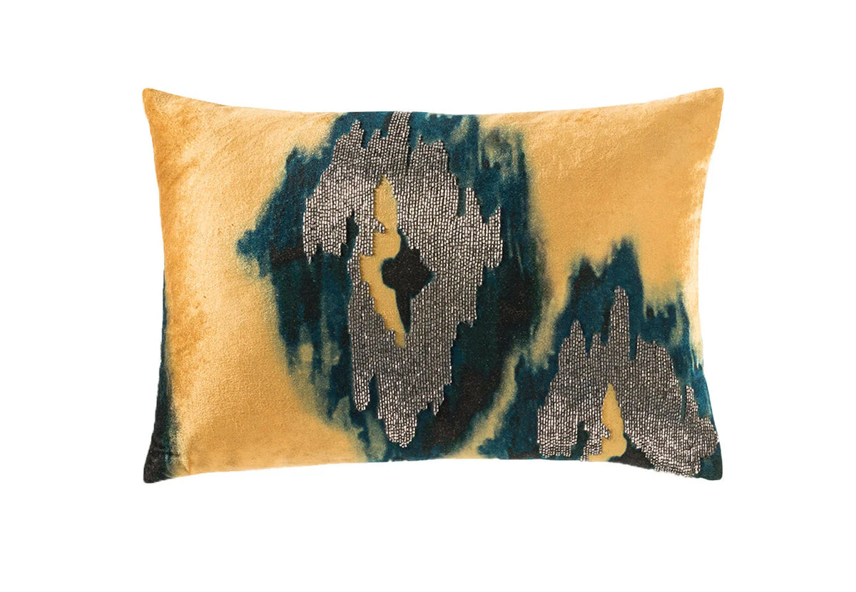 Jade Lumbar Pillow in Yellow velvet with teal and silver beaded motif, front view