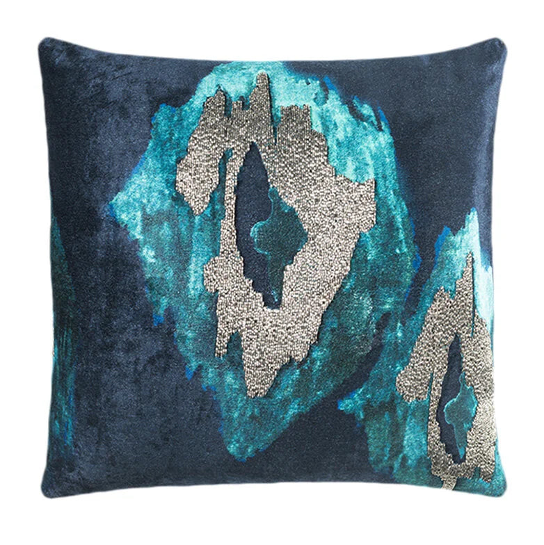 Jade Pillow in navy velvet with teal and silver beaded abstract motif, square