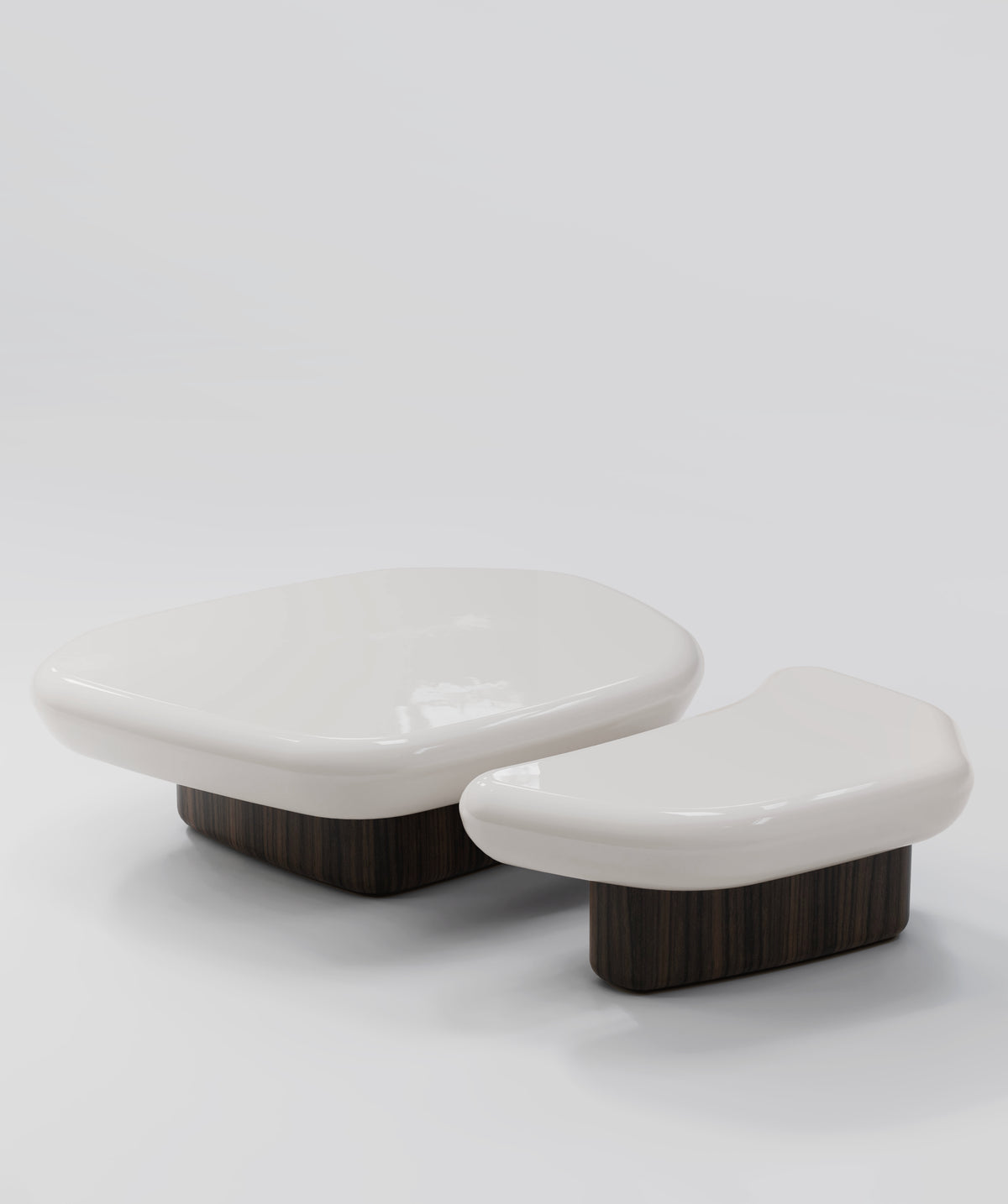 Kawa Coffee Tables in off-white high gloss, low angle on a grey backdrop