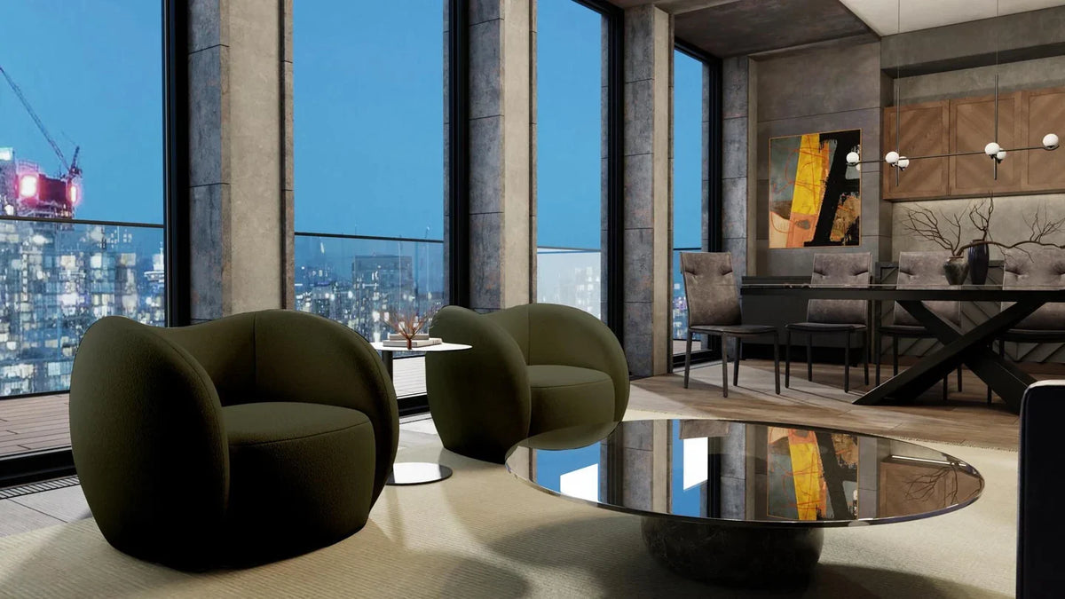 Dune Swivel Lounge Chair pair in Army Teddy in a high-rise lounge with city view