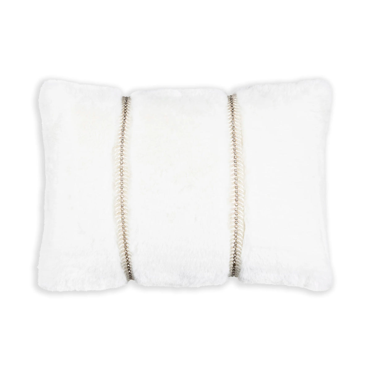 Lux Faux Fur White Pillow, lumbar, with beaded vertical trims