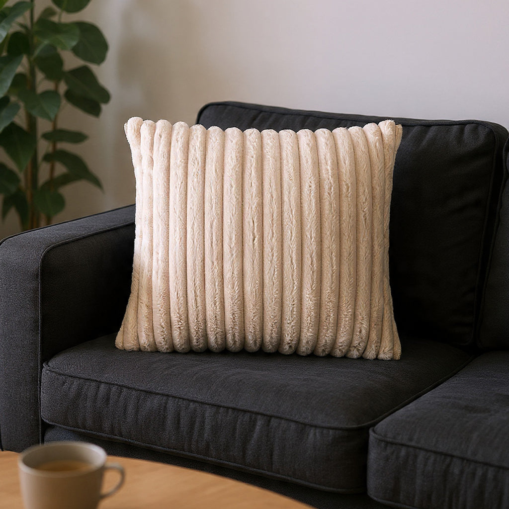 Lux Beige Ribbed Fur Pillow styled on a sofa
