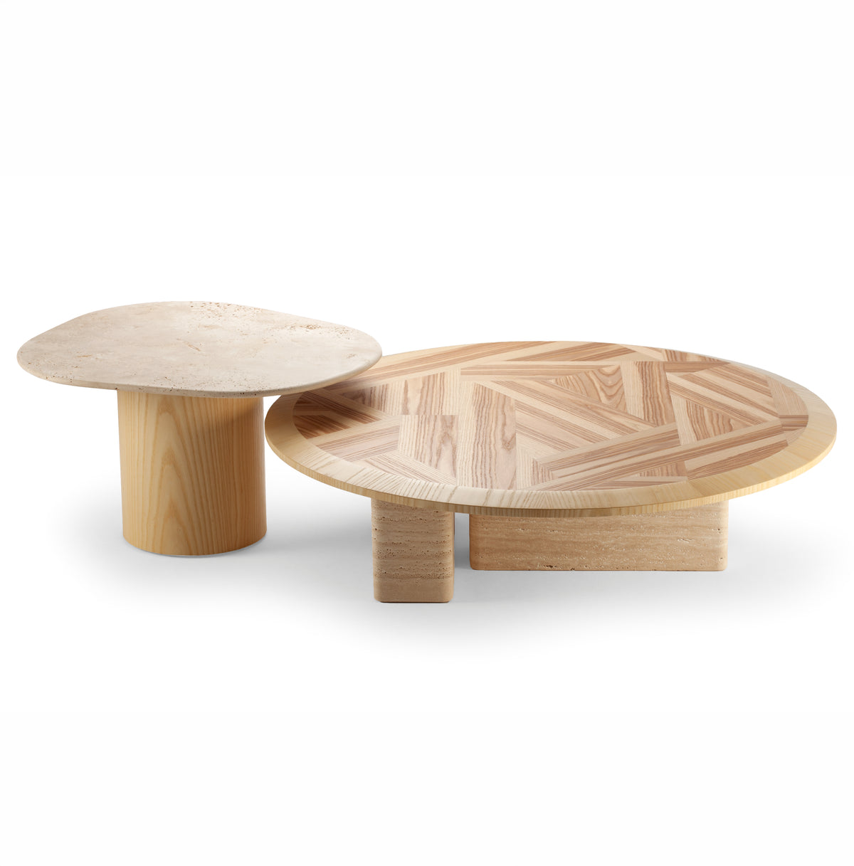 L’anamour coffee and side table set: olive ash marquetry coffee table and travertine side table
