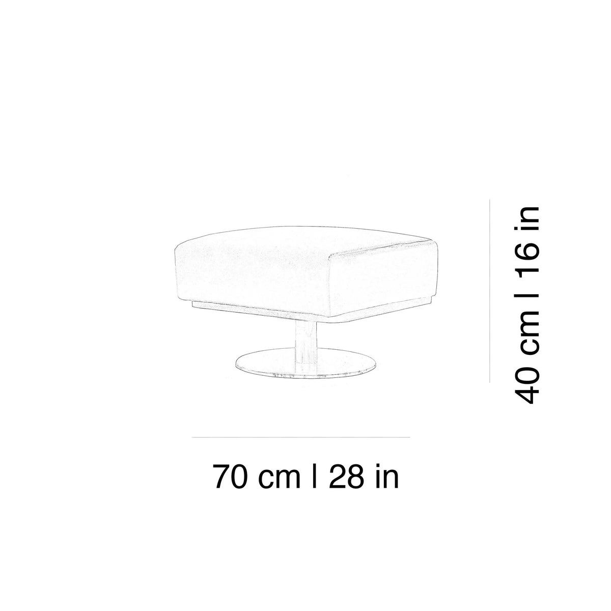 Egoista Ottoman side dimension drawing: 70 cm / 28 in wide, 40 cm / 16 in high