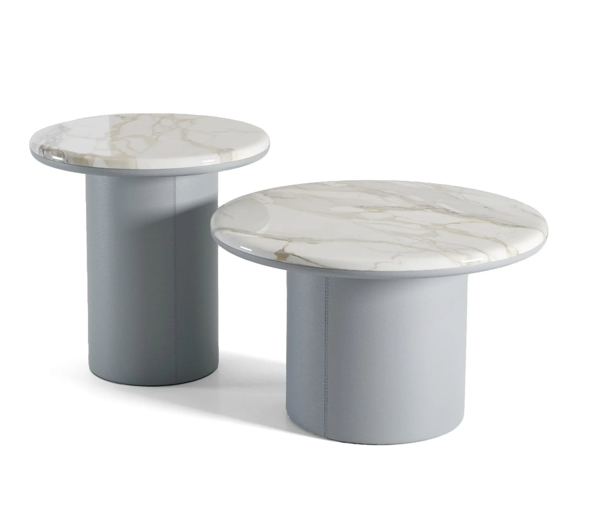 Gemini Round Side Tables pair with white marble tops and grey-blue bases