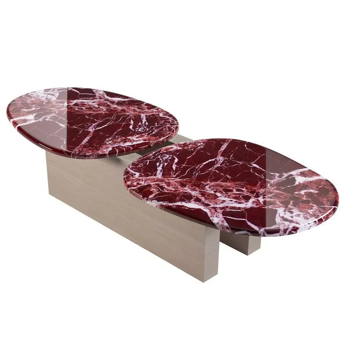 Taras Coffee Table with two oval red marble tops on a light oak base