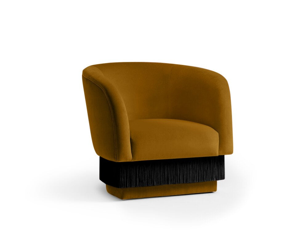 La Folie Armchair in Fine - Dijon mustard velvet with black fringe base