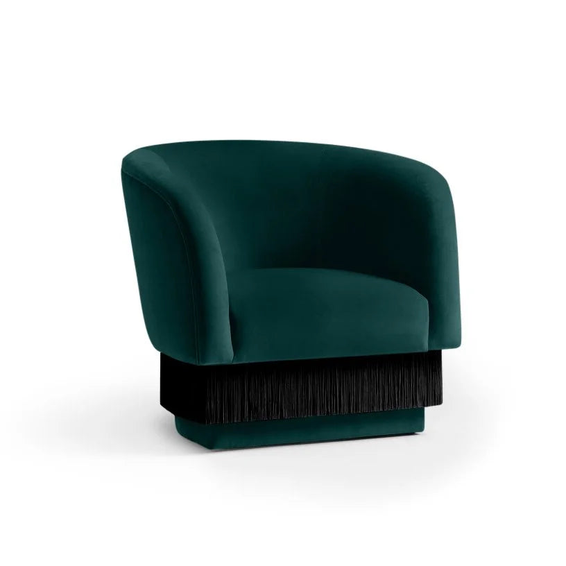 La Folie Armchair in Fine - Duck teal velvet with black fringe base
