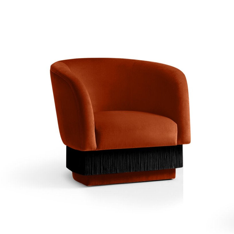 La Folie Armchair in Fine - Fire rust-red velvet with black fringe base