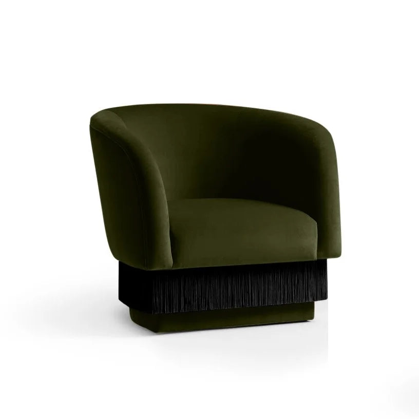 La Folie Armchair in Fine - Kiwi olive green velvet with black fringe base