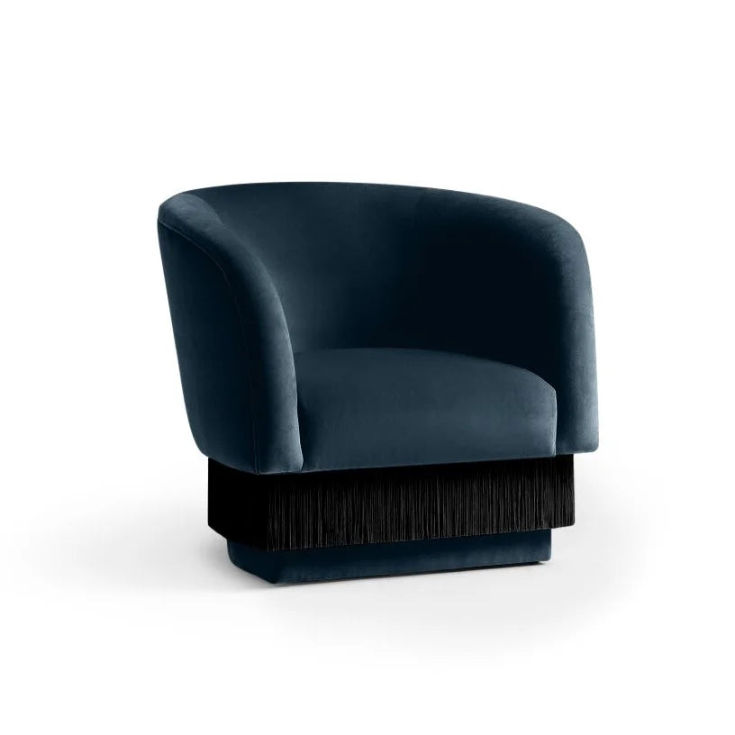 La Folie Armchair in Fine - Méditerranée blue velvet with black fringe base