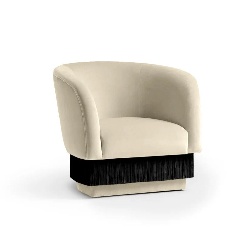 La Folie Armchair in Fine - Nuage cream velvet with black fringe base